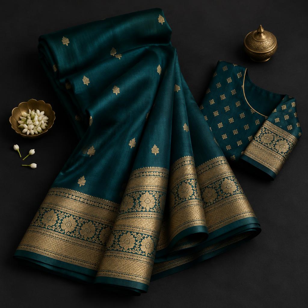 Silk saree with gold zari border folded for professional cleaning