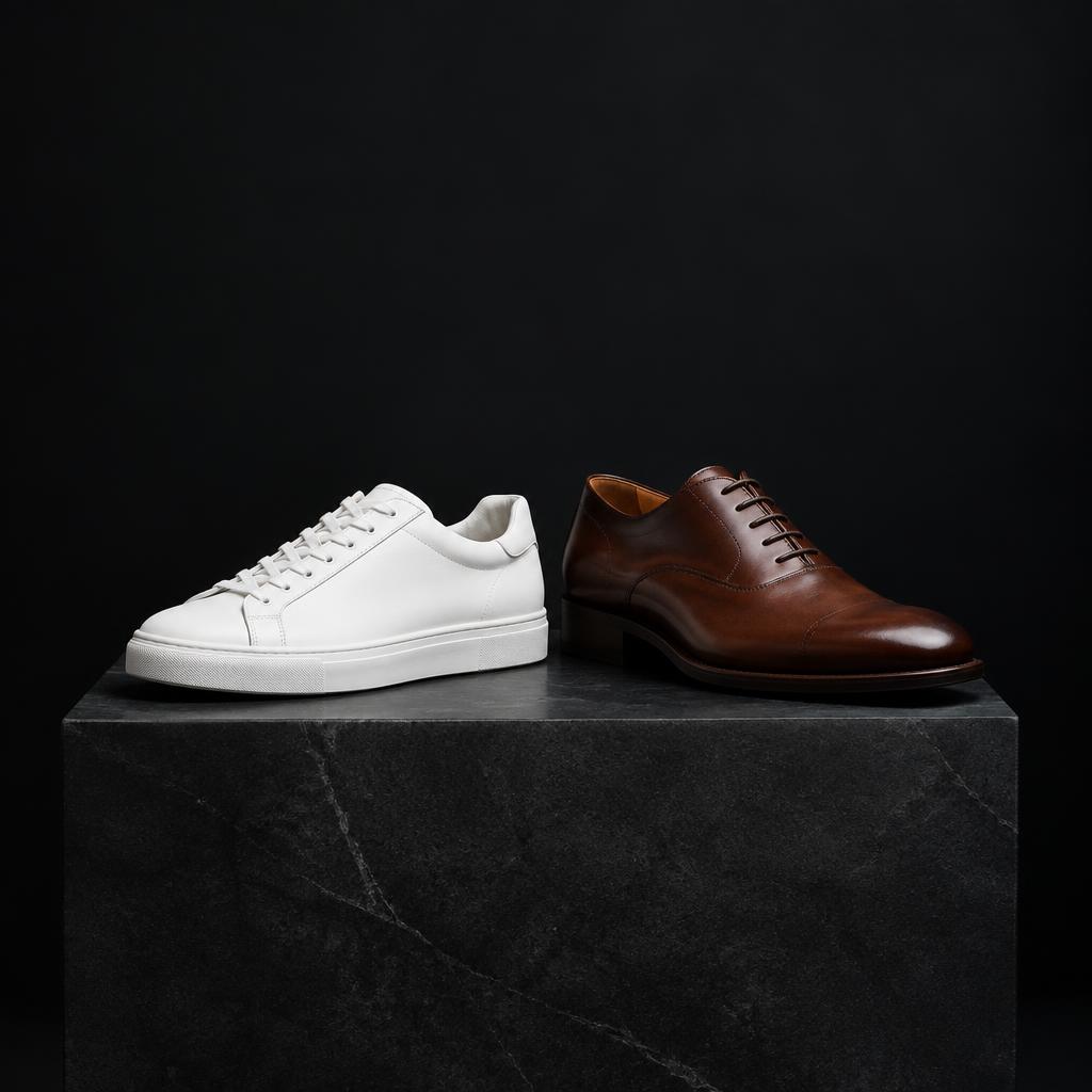 White sneakers and brown leather shoes cleaned and restored