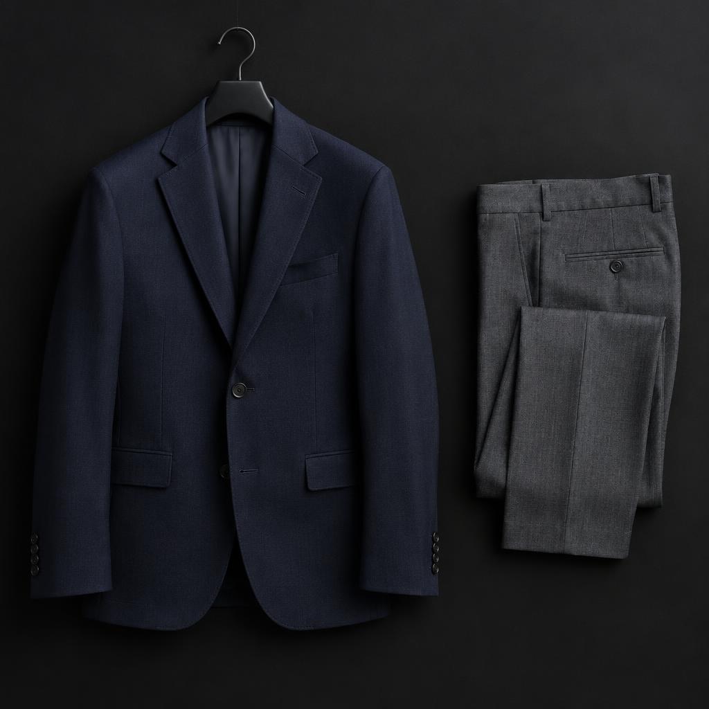 Navy blazer and grey suit trousers ready for dry cleaning